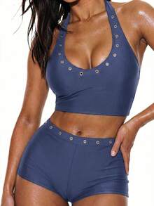 Oceva 2pcs Women's Camisole With Tie, Eyelet Trim Set - Dusty Blue - View 4