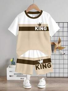 Young Boy Casual T-Shirt Set, Fashion Classic Color Block Print, Classic King Text Print, Cute Crown Print, Suitable For Spring/Summer, Suitable For School, Suitable For Street Wear - Multicolor - View 3
