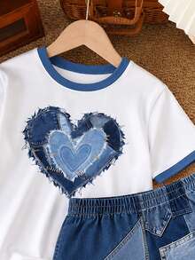 Setelan 2pcs untuk Anak Perempuan Remaja, Atasan Lengan Pendek dan Celana Pendek Motif Hati Kasual, Cocok untuk Musim Panas, Denim dengan Desain Hati, Celana Jeans Patchwork Biru - MultiWarna - View 5
