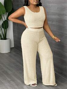 Slaydiva Plus Size Solid White Long Casual Vest And Wide Leg Pants 2 Pieces Set, Spring/Summer - Yellow - View 1