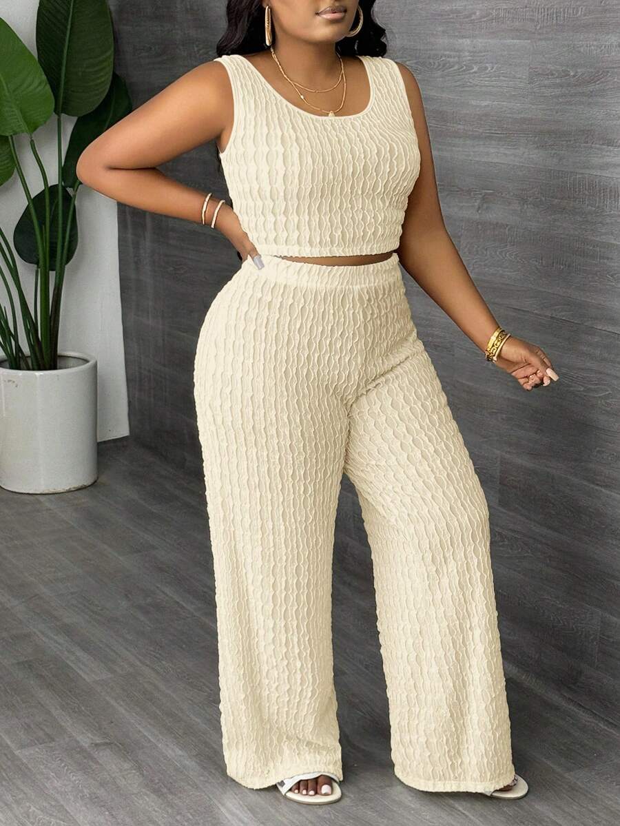 Slaydiva Plus Size Solid White Long Casual Vest And Wide Leg Pants 2 Pieces Set, Spring/Summer - Yellow - View 1