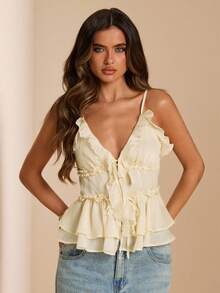 Gossip Girl X SHEIN SHEIN BAE 女款甜美百搭荷葉邊雙層下擺綁帶上衣 - 彩色 - 查看 3