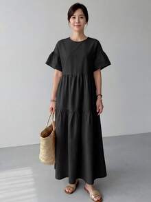 EMERY ROSE Women's Solid Color Round Neck Ruffle Hem Long Sleeve Dress Vacation Black Summer Casual - Black - View 6