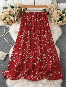 SHEIN LUNE 女款熟齡碎花印花高腰長裙 - 紅色 - 查看 2