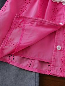 SHEIN Elladie kids 两件套女童休闲时尚荷叶边圆领宽松刺绣蕾丝印花背心上衣+牛仔喇叭裤刺绣裤脚套装，适合度假、旅行、日常穿着，夏季 - 玫紅色 - 查看 8