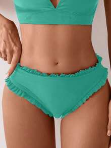 SHEIN Swim 女款純色荷葉邊比基尼泳褲，適合海灘泳池派對、度假，青藍色夏季休閒熱帶清新可愛款 - 薄荷綠 - 查看 4