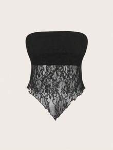 SHEIN PETITE CURVE Plus Size Women's Black Summer Elegant Night Out Club Lace Bandeau Top, Asymmetric Hem Strapless Fitted Retro Y2K Fashion Tube Top - Black - View 9