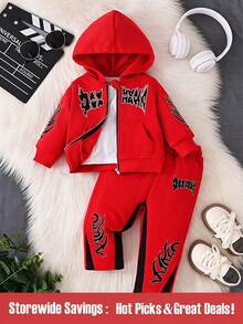 SHEIN Bộ 2 món áo khoác hoodie và quần thêu cho bé trai, sọc đỏ trắng, phong cách đường phố casual graphic, thời trang dạo phố, đi biển, mặc mùa hè, thu đông - Đỏ - Xem 1