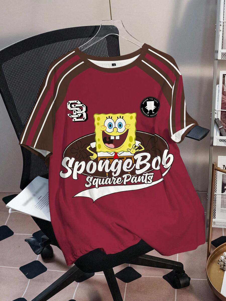 SpongeBob SquarePants | SHEIN Plus Size Round Neck Short Sleeve Casual Summer Versatile T-Shirt - White - View 1
