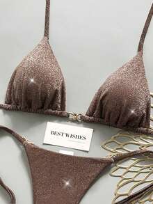 Swim Vcay Women's Solid Color Shiny Fabric Spaghetti Strap Metal Decor Beach Vacation Bikini Set - Brown - View 5