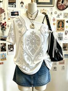 Lalippa 女款白色單肩T恤，仿珍珠與水鑽刺繡上衣，休閒寬鬆版型，短袖，Y2K夏季街頭風優雅上衣 - 彩色 - 查看 3