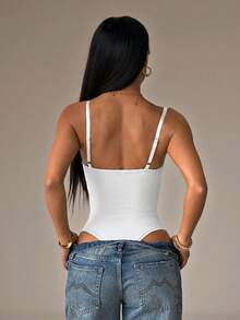 SHEIN PETITE 女款素色修身百搭日常細肩帶背心 - 白色 - 查看 2