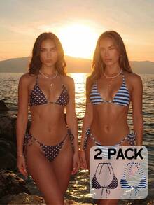 Aloruh Bộ bikini 2 mảnh mùa hè mới về dành cho nữ, họa tiết chấm bi và sọc xanh dương & nâu, đồ bơi gợi cảm cho các bữa tiệc, lễ hội âm nhạc, trang phục đi biển cho nữ. - Nhiều màu - Xem 2