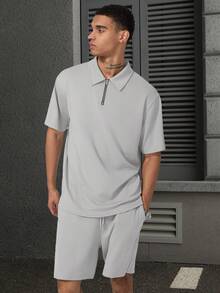 Manfinity Homme Men's Solid Color Zip-Up Half Placket Short Sleeve Polo Shirt And Shorts Casual Daily Outfit - Grey - View 5