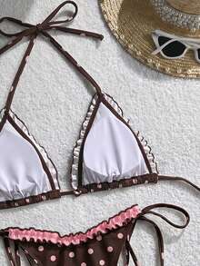 Swim Mod 3件組女孩波點印花細肩帶掛脖比基尼上衣、側綁式泳褲與泳裙泳裝 - 彩色 - 查看 4
