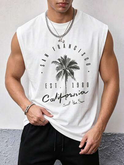 Sorvial White Label Men's Casual Coconut Tree Print Tank Top, Suitable For Summer Outdoor