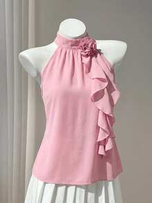 DreamSkyne Plus Size Summer Elegant 3D Floral Ruffle Neck Blouse For New Year Clothes - Pink - View 4