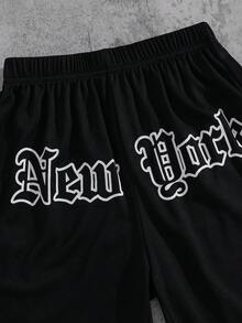 SHEIN 儿童/青少年男童休闲百搭舒适字母印花宽松针织短裤，适合通勤、上学、日常休闲、度假、运动，春夏秋冬四季皆宜，也适合返校季穿着。 - 黑色 - 查看 3