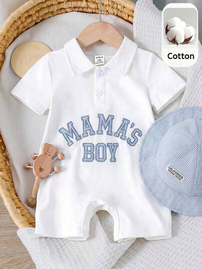 SHEIN Bộ 2 món gồm áo liền quần ngắn tay kẻ sọc và mũ chống nắng cho bé sơ sinh/bé trai/bé gái, thích hợp cho mùa xuân/hè.