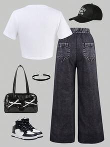 SHEIN 2 Stücke/Set Mädchen Street Fashion Sterne Grafik Strick Crop Top + Jeans-Optik bedruckte weite Cargohose Set, vielseitiges Lässig Outfit - Weiss - Übersicht 2
