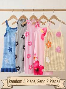 SHEIN 2件套 女童针织条纹花卉图案立领无袖连衣裙 - 彩色 - 查看 3