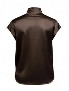 SHEIN Raffinéa Women's Coffee Brown Elegent Satin Blouse,Summer V-Neck Wrap Tops,Crossover Neck Shoulder Ruched Office Shirt,Shiny Silk Work Blouses - Mocha Brown - View 4