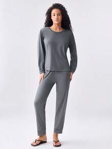 Loungeista 女士三件套睡衣：长袖圆领上衣和舒适抽绳长裤 - 易于打理，针织面料，适合春、秋、冬三季户外穿着，是舒适夜晚和休闲日的理想之选。 - 彩色 - 查看 11