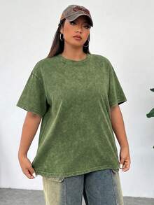 Solflare Kaos Lengan Pendek Longgar Rajut Vintage dengan Tampilan Cuci Asam Ukuran Besar, Hijau Zaitun - Dark Green - View 5