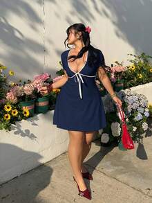 GalTyme Plus Size Women's Sexy V-Neck Tie-Front Ruffle Sleeve Fitted Summer Vacation Dress - Navy Blue - View 5