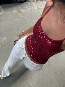 Aloruh Damen neue Spitze & Pailletten Splice sexy Cami Top, Alltagskleidung - Bordeaux - Übersicht 3