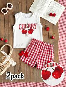 SHEIN Playful Pals 2件組幼女可愛夏季套裝 紅色與白色格紋短褲搭配櫻桃印花無袖背心 嬰兒女童度假海灘服飾套裝 - 紅色 - 查看 8