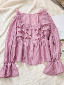Livesso Women's Loose Fit Square Collar Ruffled Hem Pink Flare Sleeve Casual Blouse - Pink - View 3