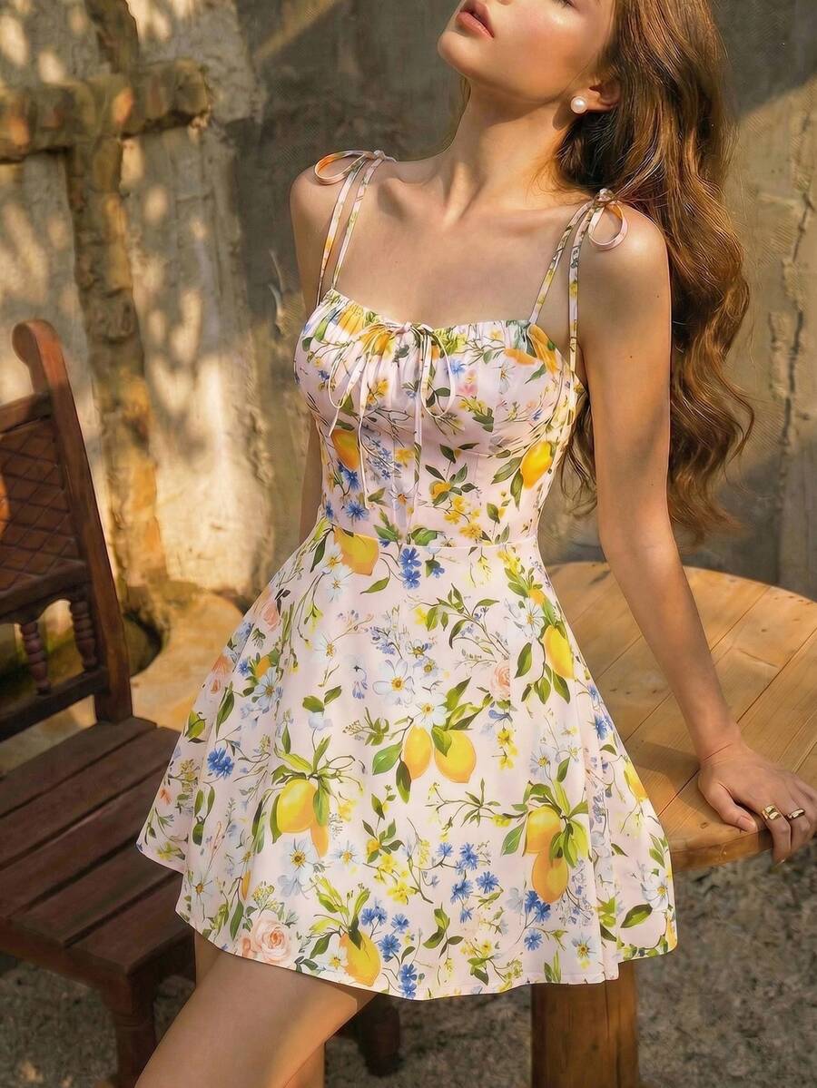 SHEIN MOD 柠檬度假花卉蝴蝶结吊带短裙 - 粉色 - 查看 1