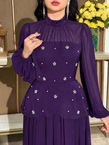 Modelyn Women's Solid Color Stand Collar Raglan Sleeve Elegant Dress Formal Purple Floral Floral Autumn Birthday Dinner - Purple - View 6