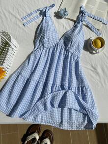 Comfortcana Đầm nữ casual đi nghỉ mát cổ chữ V họa tiết kẻ caro đen trắng thắt dây size lớn - Màu xanh lam - Xem 5