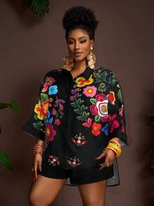 Veslaya 2025 Neue Frühling/Sommer Damen Große Größen Vintage Western/Tropical/Musik Festival/Club/Road Trip//Boho/Stadt/Straßen-/Eleganter Urlaubs 2-teiliges Set - Locker sitzende weiße Bluse mit Blume Muster und Kragen, Schulterausschnitt & Shorts mit elastischem Bund und weitem Bein - Schwarz - Übersicht 8