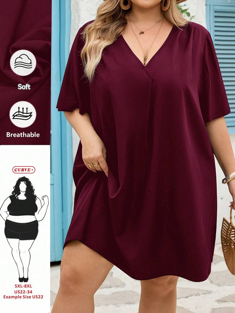 SHEIN CURVE+ 新款优雅休闲/商务休闲女式短袖雪纺衬衫裙,V领宽松荷叶袖中长连衣裙,大码T恤裙,大码度假连衣裙,大码黑色连衣裙,黑色V领连衣裙 - 酒紅色 - 查看 1