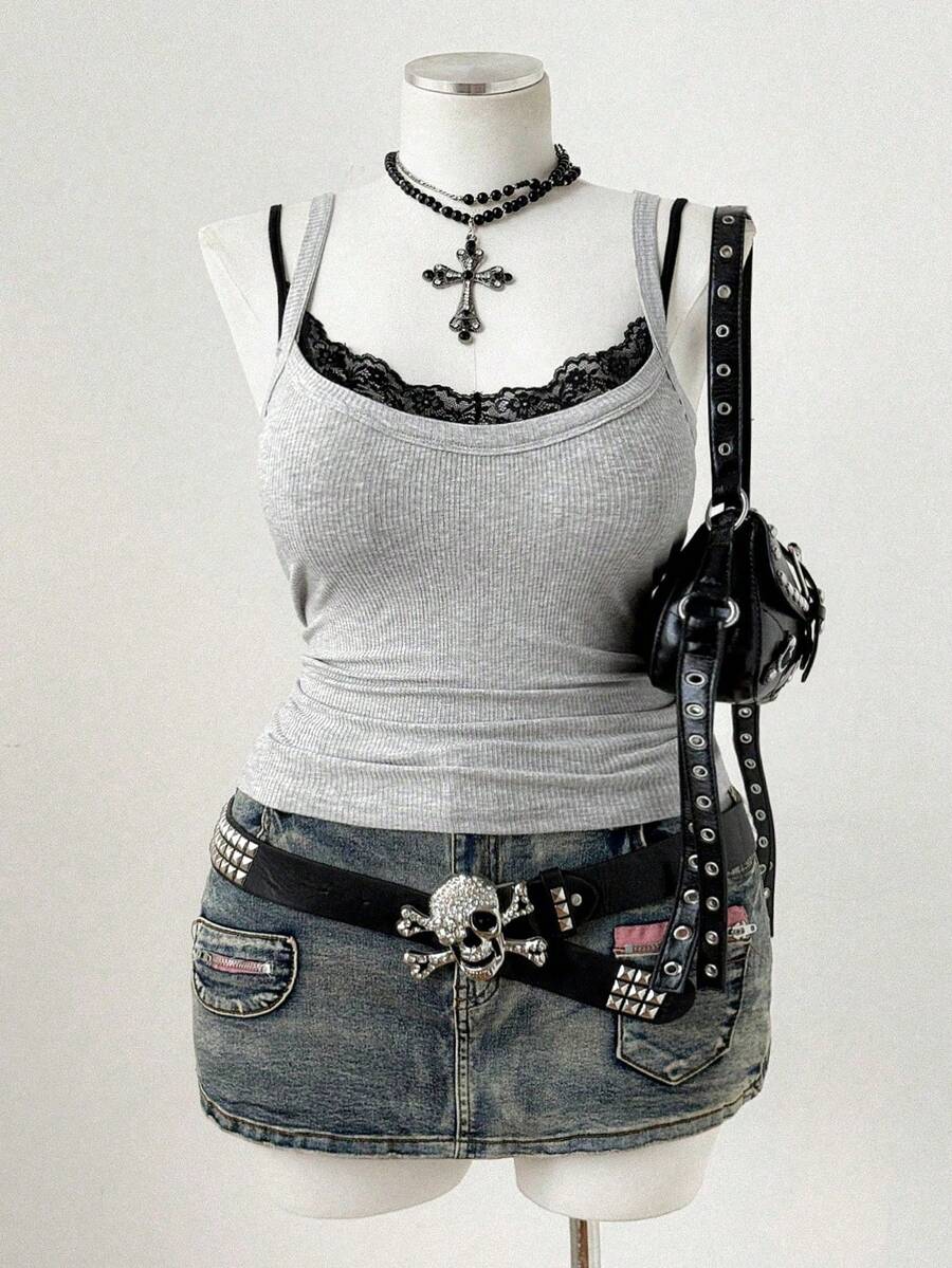 Sunspun Atasan Camisole Bergaris Abu-abu Seksi Gaya Retro Amerika dengan Hiasan Renda, Tank Top Pendek Tanpa Lengan Pas Badan yang Ramping untuk Lapisan atau Pakaian Luar - Grey - View 1