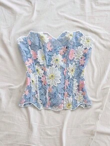 2026 Nuevo con forma de corsé de estilo europeo y americano, sexy para vacaciones, de doble capa de encaje, con bordado calado, color azul profundo - Multicolor 2 - Ver 5