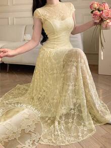 Modelyn Lace Waist Cinching A-Line Flowy Dress, Flattering For Spring/Summer Party Pale Yellow Elegent - Apricot - View 5