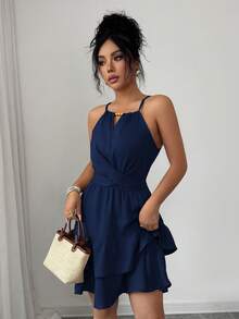 Vestido mini ajustado y acampanado sin mangas, elegante, de color caqui, con lazo de cuentas para mujer, para primavera/verano - Azul marino - Ver 6