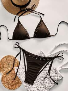 Swim SXY Women's Summer Beach Solid Color Keyhole Design Halter Tie Sexy Bikini Swimwear Set - Brown - View 6