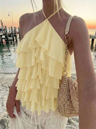 Aloruh Elegante top da donna romantico con collo annodato, arricciature a strati e bordo in giallo chiaro, adatto per vacanze e appuntamenti