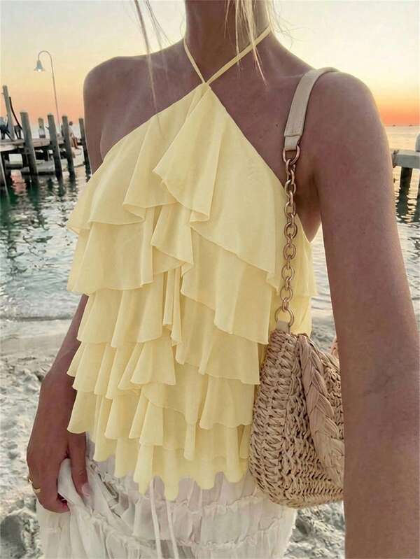 Aloruh Blusa elegante y romántica con cuello de lazo, volantes en capas y acabado en color amarillo claro para vacaciones o citas