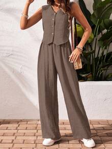 SHEIN Frenchy Bộ đồ nữ mùa hè kiểu dáng thường ngày, màu trơn gồm áo tank top và quần dài. - Màu nâu  Mocha - Xem 4