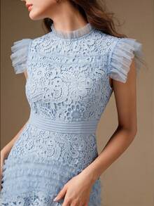 Anewsta Women's Elegant Hollow Embroidered Waist Flared Ruffle Hem Short Sleeve Dress, Suitable For Formal, Party, Chic, Work, Graduation, Wedding, Red Carpet - Blue - View 3