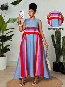 Maweii Plus Size Women's Brown Sleeveless Maxi Dress, Round Neck Casual Contrast Color Print Dress For Summer, Tropical Holiday, Tea Party, Beach Gym - Multicolor - View 1