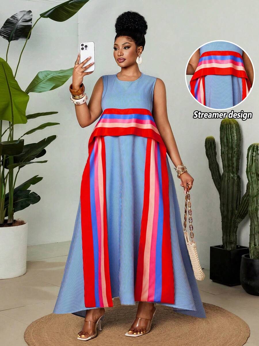 Maweii Plus Size Women's Brown Sleeveless Maxi Dress, Round Neck Casual Contrast Color Print Dress For Summer, Tropical Holiday, Tea Party, Beach Gym - Multicolor - View 1