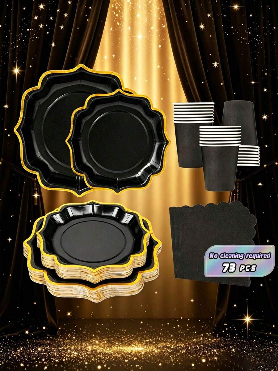 Black Gold-Plated Square Petal Shaped Disposable Dining Plate Napkins Paper Cups, Disposable Party Supplies Set, Suitable For 16 Guests, Suitable For Birthdays, Weddings, Theme Parties, Family Picnics, Disposable Dining Plate Party Utensils - View 1
