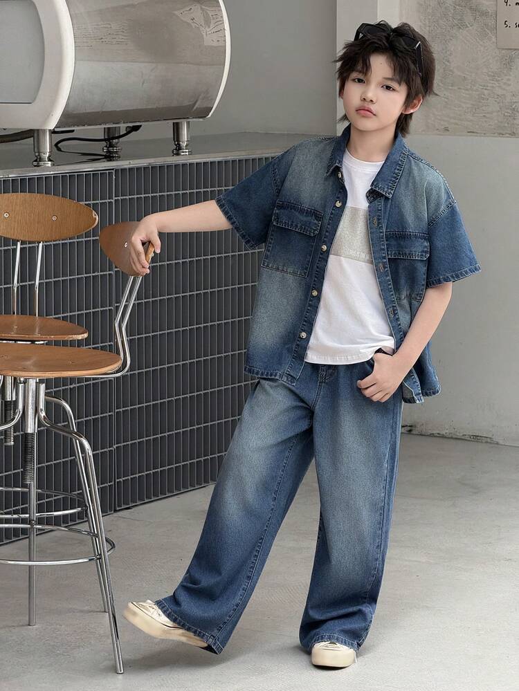 Boys' Denim Collared Short Sleeve Jacket + Straight Leg Pants Casual Suit (Plus Size)